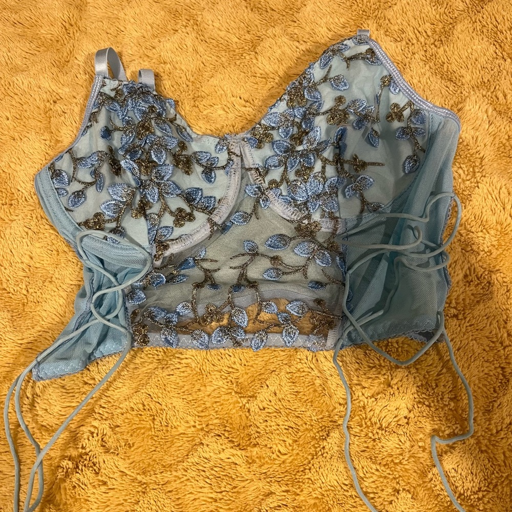 Blue Embroidered Mesh Corset Top